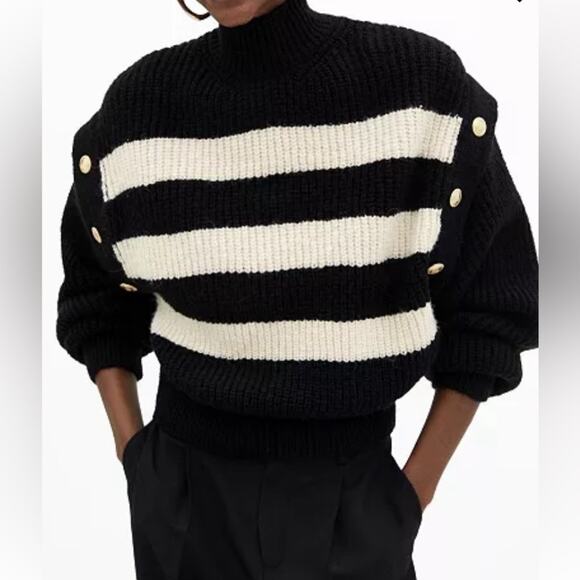 MNG MANGO BUTTONED STRIPED BULKY SWEATER SIZE L - Picture 7 of 7